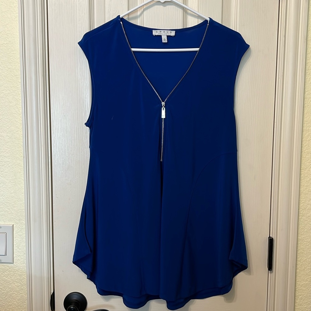 Chaus New York Blue Sleeveless Zip Up Blouse Size L